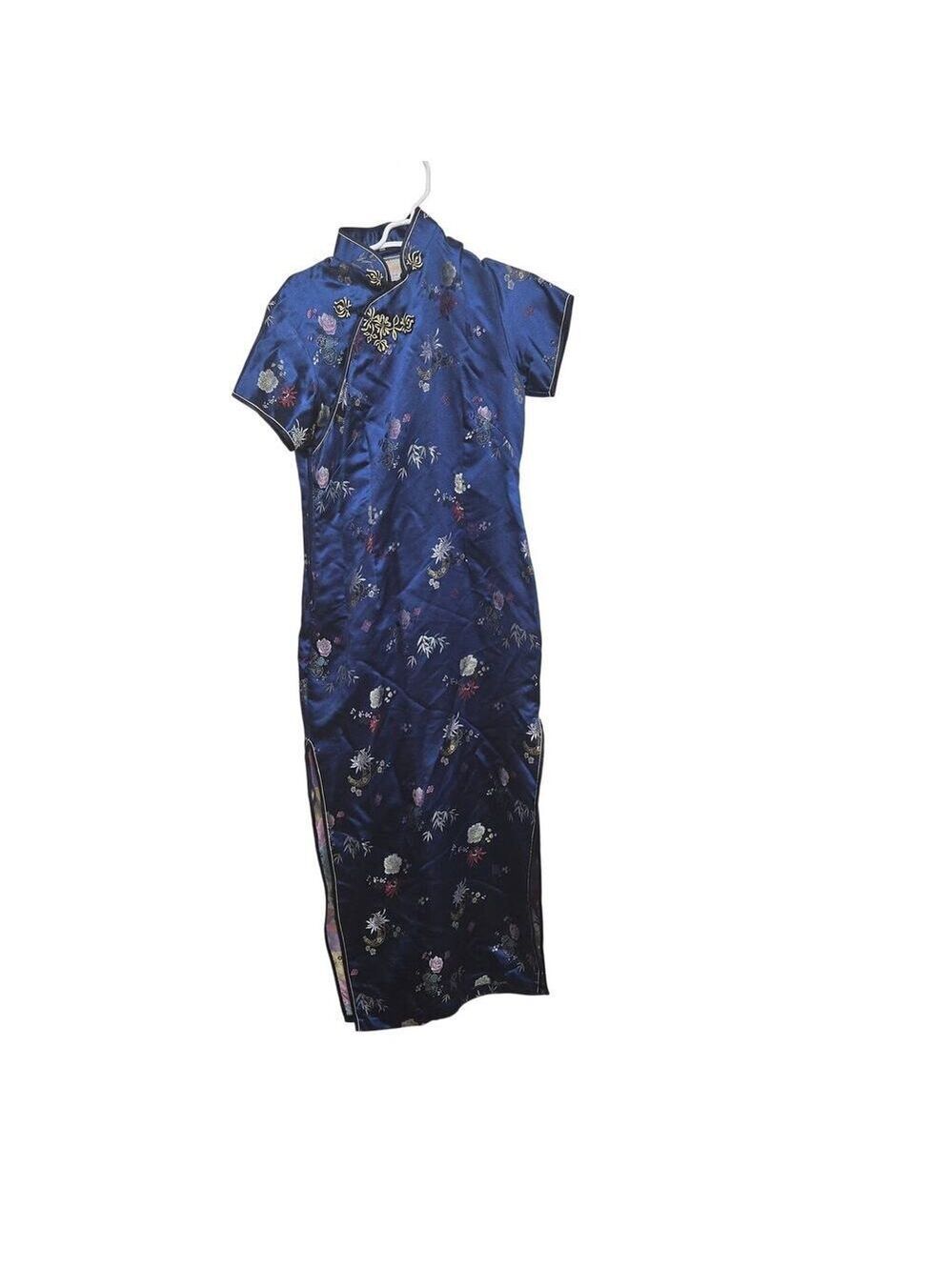 Blue Floral Chinese Qipao Cheongsam Embroidered Satin Dress Size 38 S/M